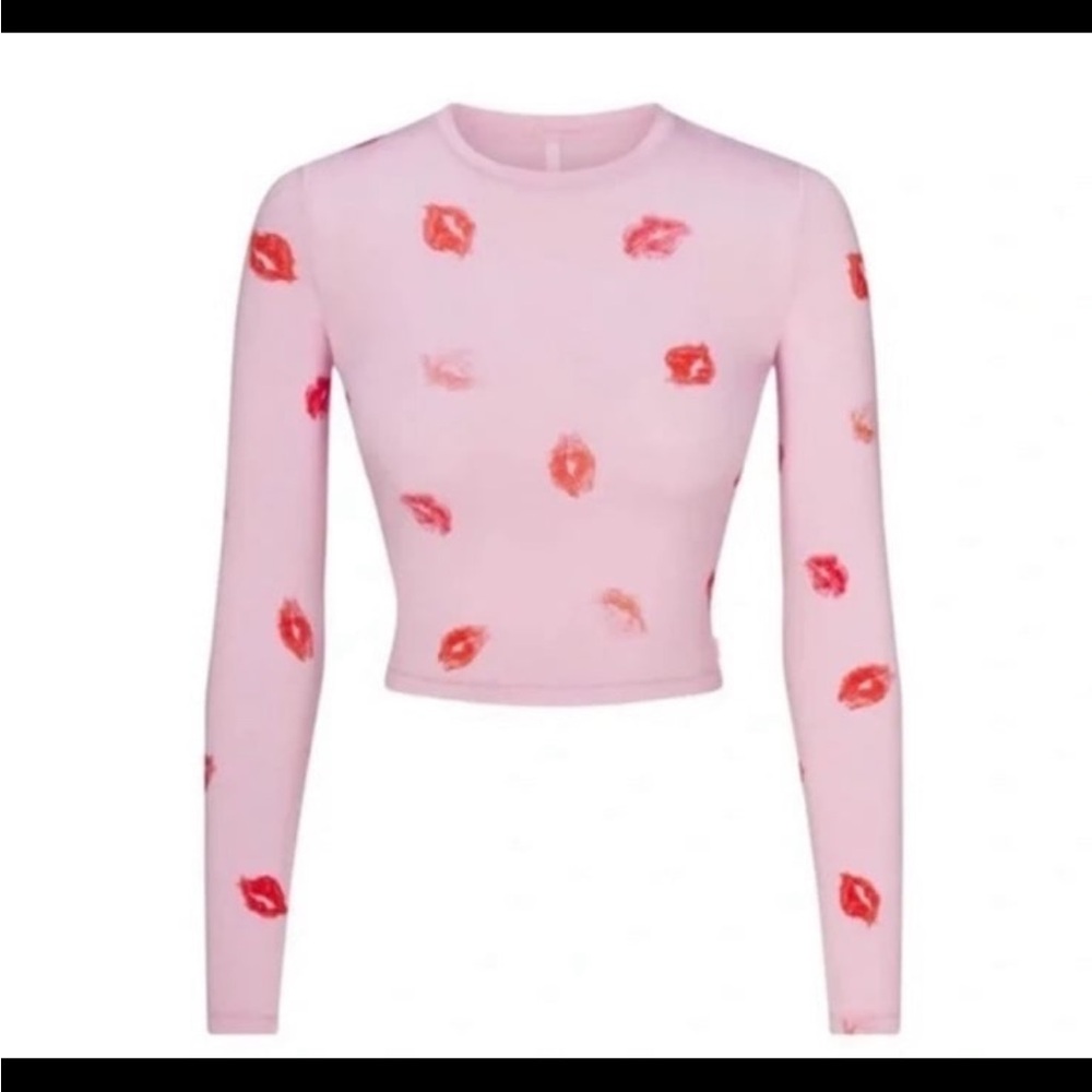 SKIMS Cherry Blossom Lipstick Super Cropped Long Sleeve Top Pink Women’s LARGE - Picture 3 of 8